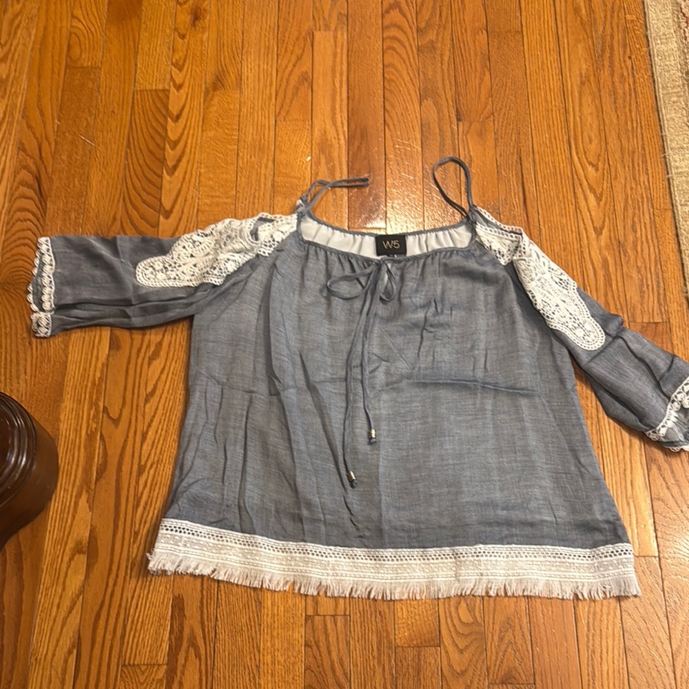 W5 Gray Blouse with Tie Front and Ruffled Sleeves